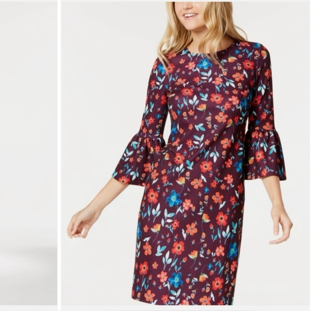 Calvin Klein Bell Sleeve Sheath Dress 14 Floral Work Office Career Professional